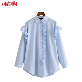 

Tangada women blue pearl oversized blouse ruffles long sleeve chic female casual loose shirt blusas femininas 3h371