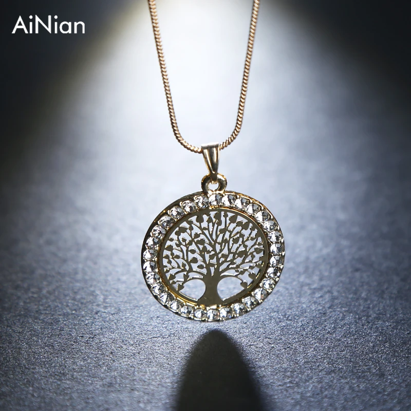 

Hot Tree Of Life Crystal Round Small Pendant Necklace Gold Silver Colors Bijoux Collier Elegant Women Jewelry Gifts