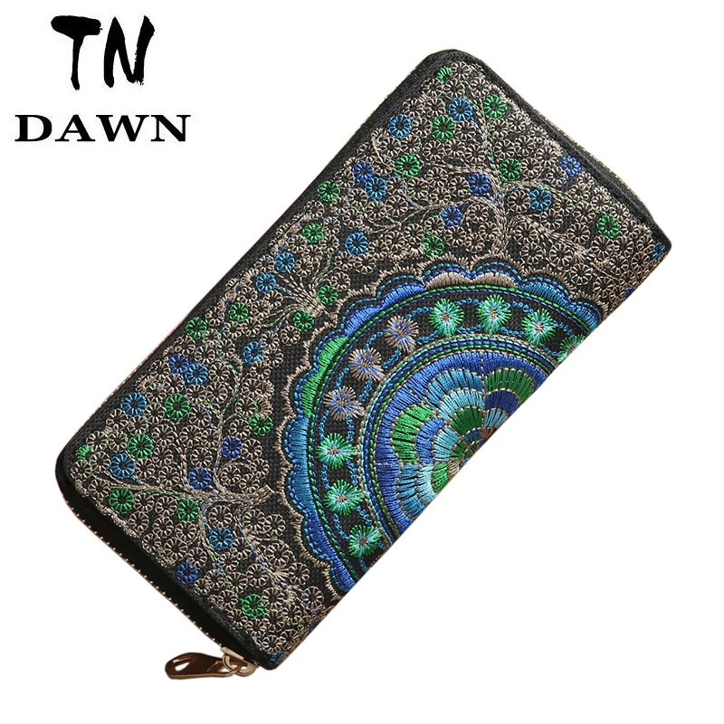 

New Flower Embroidered Wallet Purse Handmade Ethnic Flowers Embroidery Fashion Women Long Wallet Phone HandBag Women Clutch