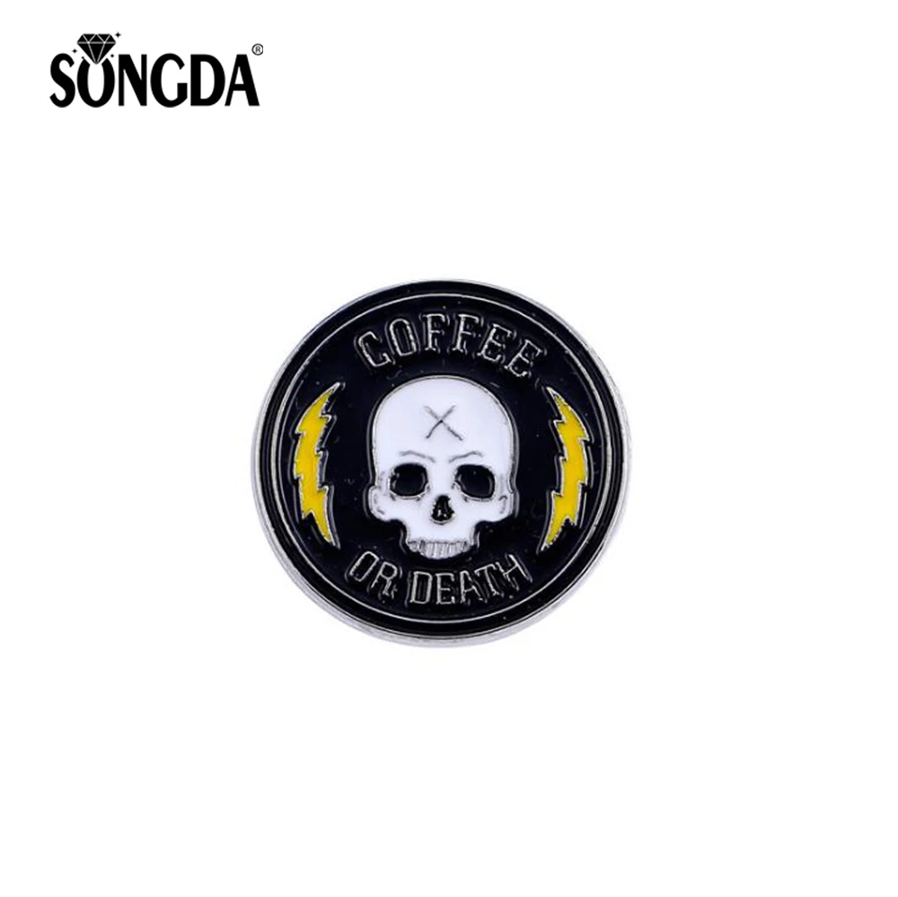 

SONGDA Halloween Punk White Skull Head Button Pins Cool Skeleton Coffee or Death Black Hard Enamel Brooches Pins For Backpacks