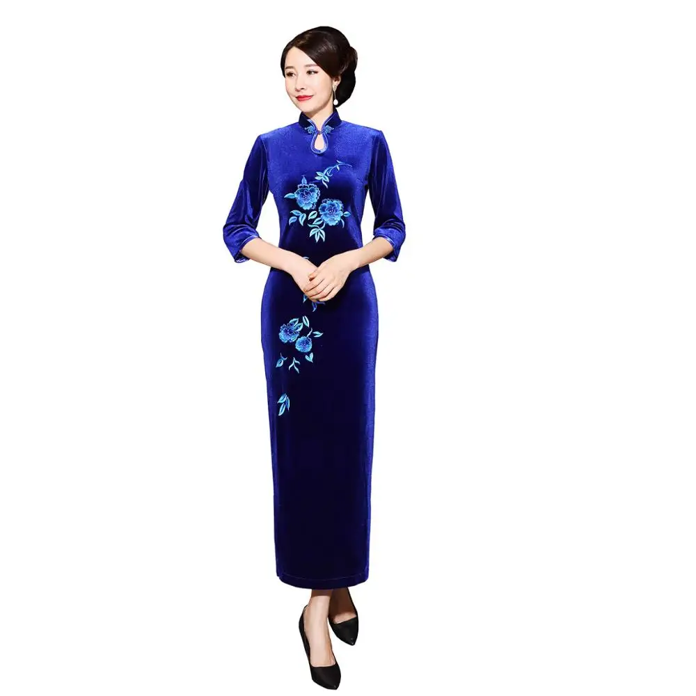 T0063A Шанхай история бархат Cheongsam китайское платье вышивка Qipao длинное - Цвет: T0063A