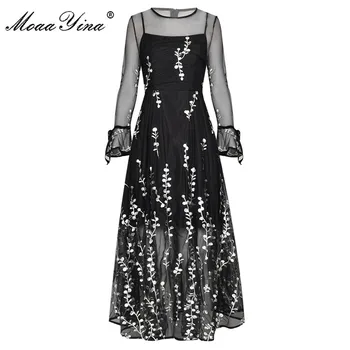 

MoaaYina Fashion Runway Female dress Spring Summer Women's Dress Flare Sleeve Mesh Embroidery Black Dresses