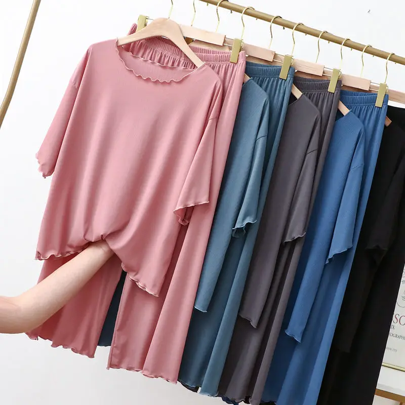 

2022 New Modal Summer short-sleeved Trousers Ladies Pajamas Suit Set Leisure Lounge Home Night wear Women's Cloth Clothing Top