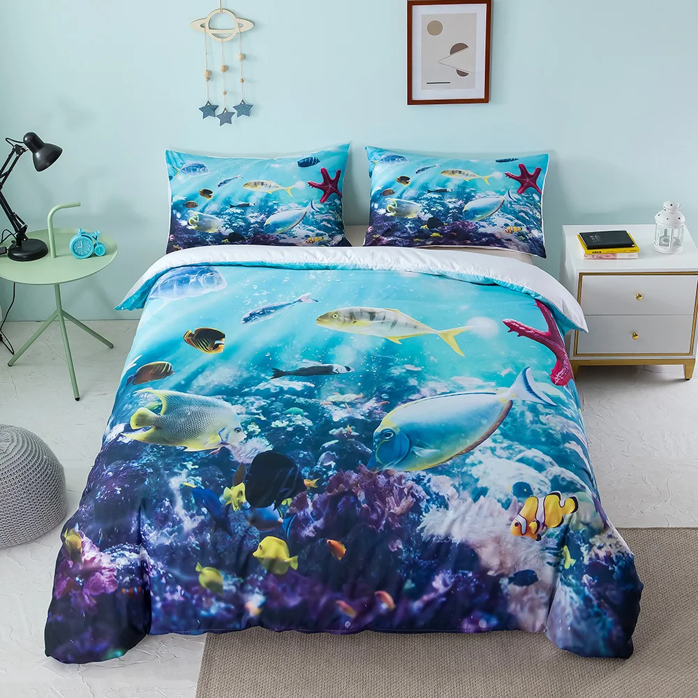 

Quilt Cover Pillowcase Ocean Series Three Piece Set Full Mandala Elephant Boho Quilt Bedding Bag Sets Underwater World Bedding