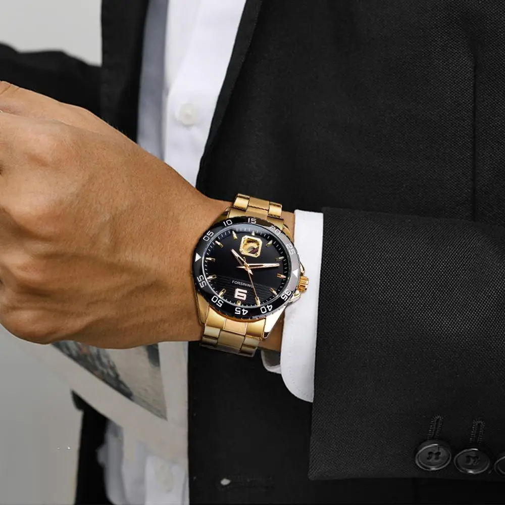 Forsining Лидирующий бренд Роскошные мужские часы Механические золотые из нержавеющей стали водонепроницаемые светящиеся ручные деловые автоматические мужские часы
