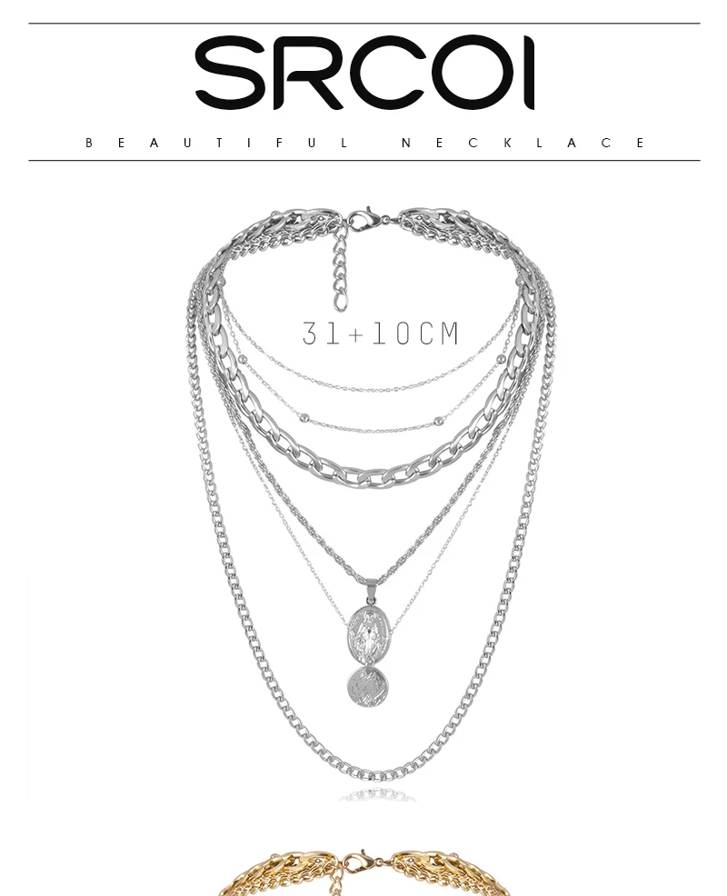 SRCOI монета кулон многослойное золото цвет металлические ожерелья Модные Простые Длинные Цепочки хип хоп стиль ожерелья женские ювелирные изделия
