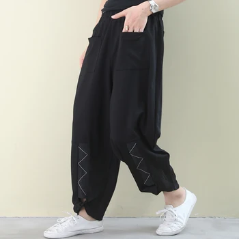 

[EWQ] 2020 Spring Summer New Arrivals High Waist Solid Pockets Pattern Women Loose Casual Harem Length Pants AW06701M