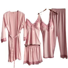 New Spring and Autumn Five-Piece Pajamas Women's Ice Silk Embroidered Nightgown Spaghetti-Strap Padded Home Wear Thin Summer