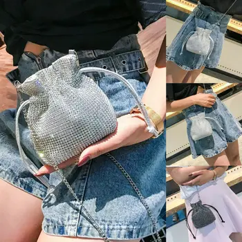 

Fashionable Ladies Solid Color Shiny Rhinestone Decoration Girls Elegant Crossbody Bag Casual Messenger Bag Cell Phone Pouch