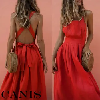 

US Sexy Women Boho Solid Backless Long Dress Summer Evening Party Beach Sundress