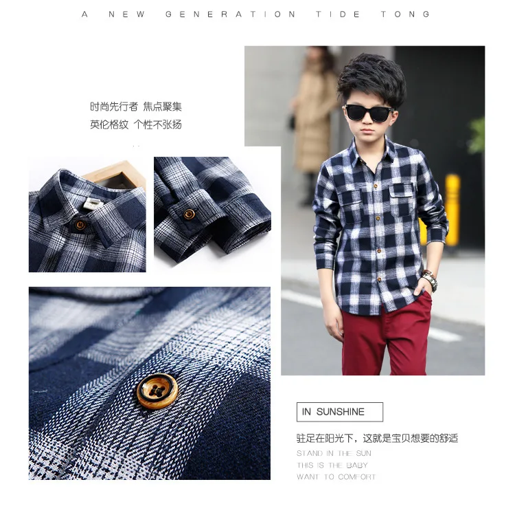 BOY'S Fold-down Collar Dual Pocket Plaid Shirt Children Big Boy Young STUDENT'S Fashion-Style Long-sleeve Blouse