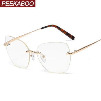 

Peekaboo cat eye retro glasses frame rimless clear lens metal prescription glasses for women polygon christmas gift ladies