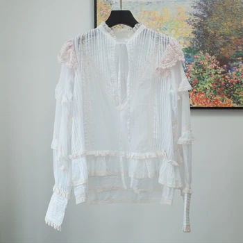 

Women Shirt Cute Soft Pink Lace Loose Sweet Cotton Shirt