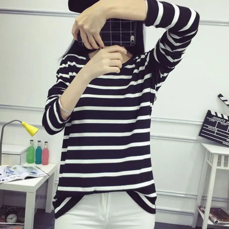 Women Striped Tshirt Long Sleeve Black And White Tee Bottoming O Neck Ladies Tops | Женская одежда