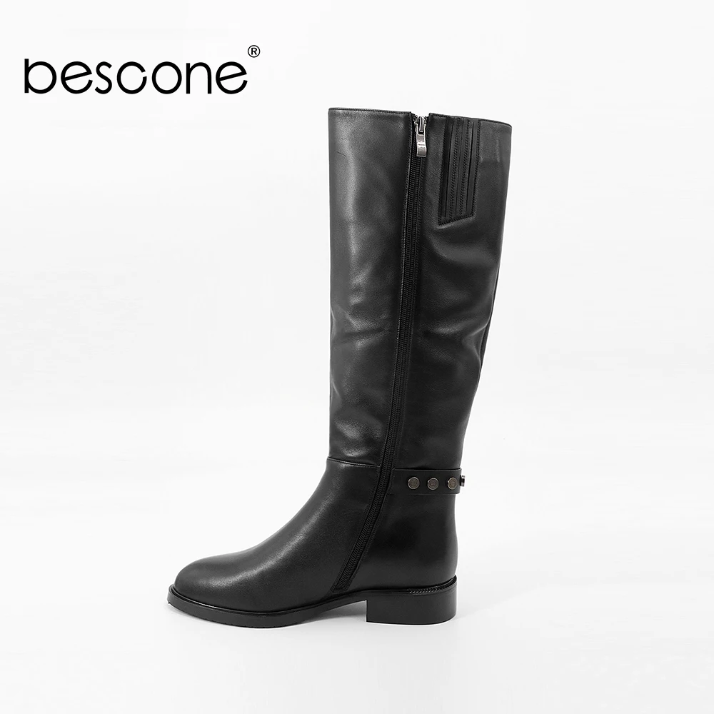 BESCONE/сезон осень-зима; теплые женские сапоги; повседневные сапоги до колена с круглым носком на квадратном каблуке; новые женские сапоги из натуральной кожи со складками; L16