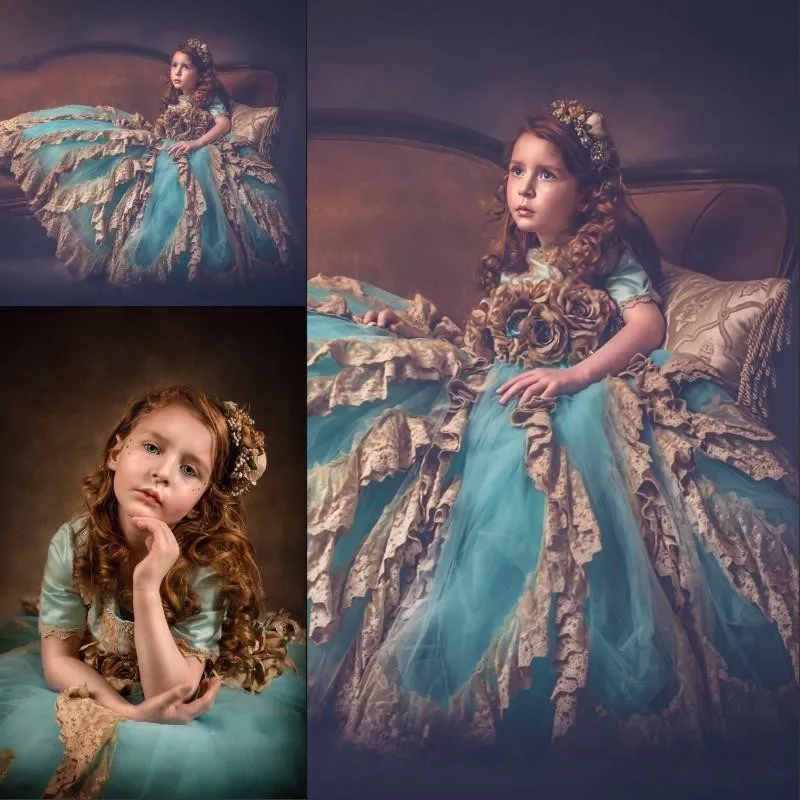 Винтажное Пышное Платье для девочек, украшение на шею, бусины Кружева Аппликации, короткие рукава, платье для девочек с цветочным узором, милое платье принцессы на день рождения