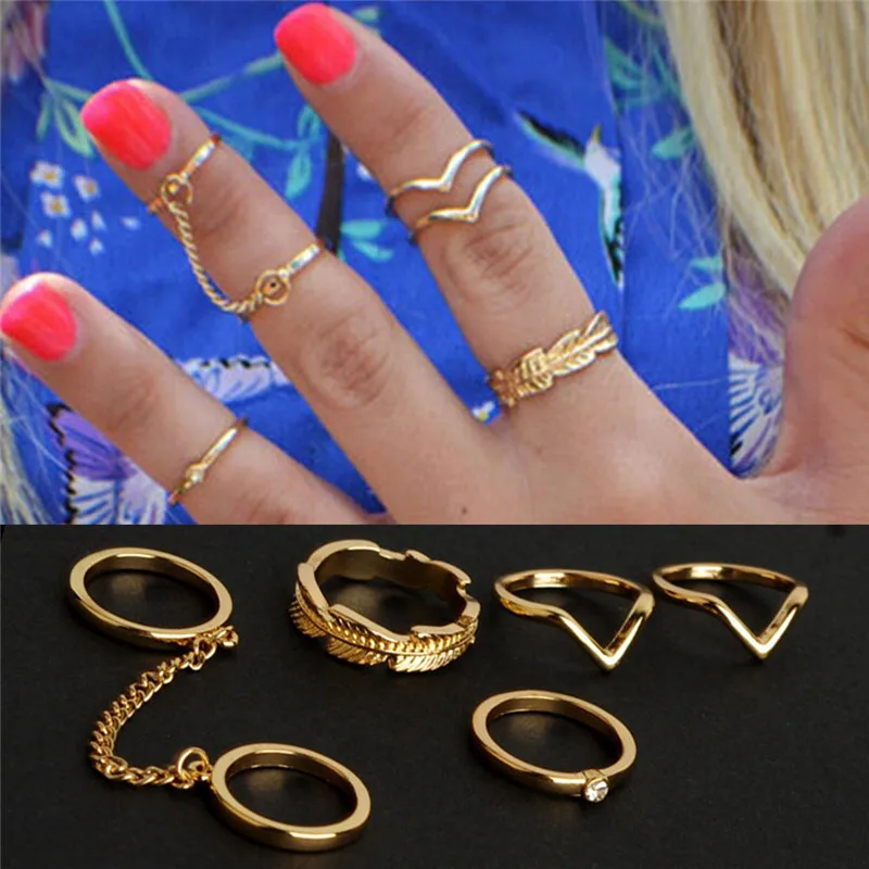 6pcs/lot Unique adjustable Ring Set Punk style Gold Color Knuckle Rings for women midi Finger Knuckle rings Ring Set