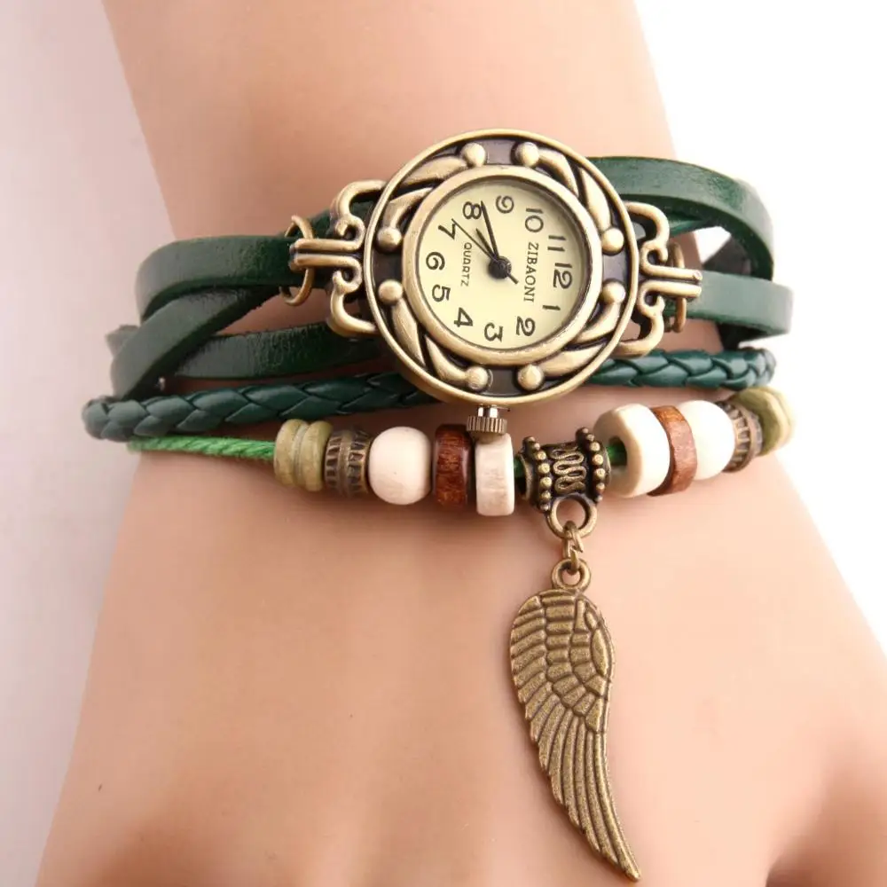 Relojes Vintage de imitación de cuero para mujer, reloj de pulsera informal con cuentas de madera y escultura de ala, femenino