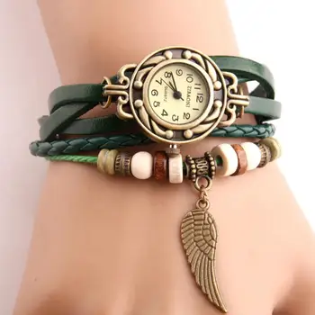 Relojes Vintage de imitación de cuero para mujer, reloj de pulsera informal con cuentas de madera y escultura de ala, femenino
