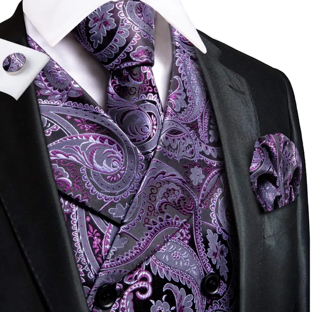 Silk Men's Vests and Tie Business Formal Dresses Slim Vest 4PC Necktie Hanky cufflinks for Suit Blue Paisley Floral Waistcoat blazer suit