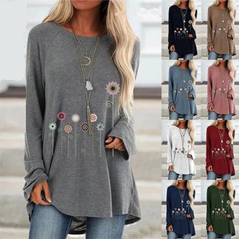 New Autumn Women Tops Floral Dandelion Print Long-sleeved T-shirt Round Neck Loose Casual T-shirt Large Size Pullover Ladies Top best t shirts for men