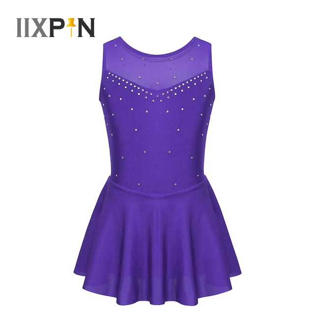 US $7.84 Girls Figure Ice Skating Dress Gymnastics Sleeveless Sparkly Rhinestone Tulle Back Roller Skating B