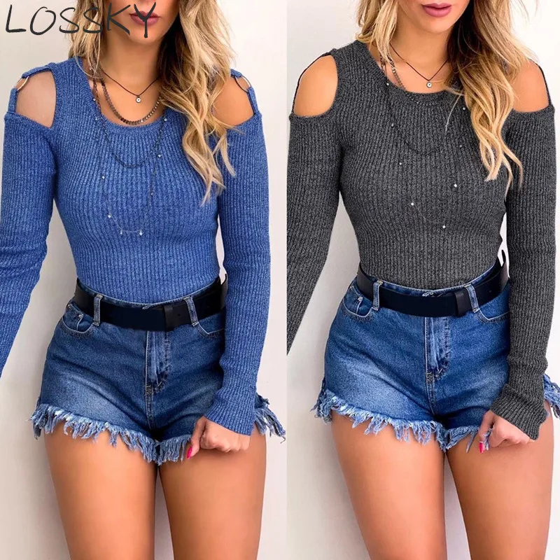 

Women's Autumn Winter Fashion T-shirt Clod Off Shoulder Long- Sleeve 2019 Sexy Slim Knitted Casual Bodycon Sweater Shirts Tops