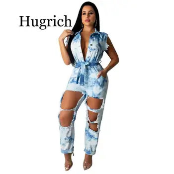 

2020 Tie Dye Print Jeans Jumpsuit Buttons Turn Down Collar Sleeveless Holes Denim Pants Romper Loose Overalls Streetwear