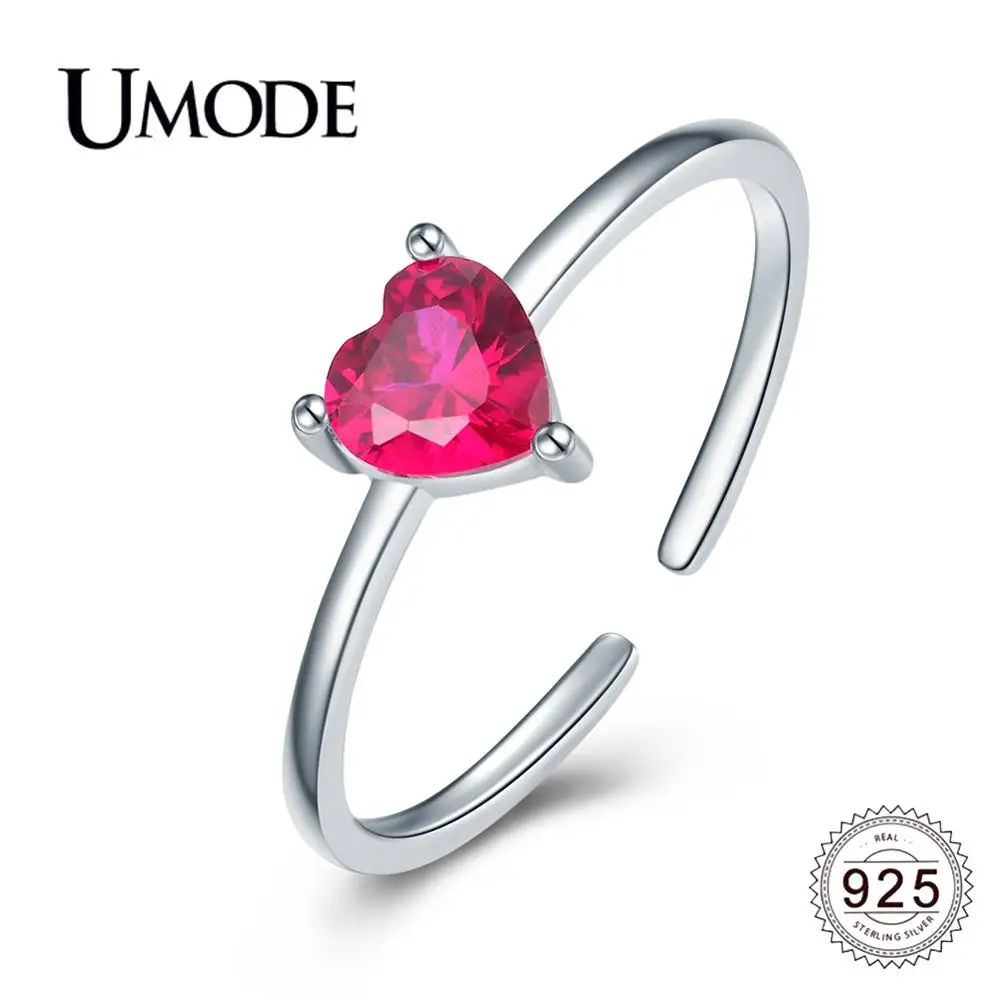 

UMODE 2019 New 925 Sterling Silver Red Heart Open Cuff Rings for Women Zircon Diamond Adjustable Ring Silver 925 Jewelry ALR0757