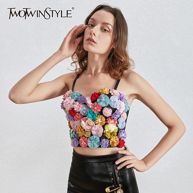 TWOTWINSTYLE Patchwork Florals Sexy Women's Vest V Neck Spaghetti Strap Sleeveless Hit Color Short Vests Female Fashion Clothing | Женская