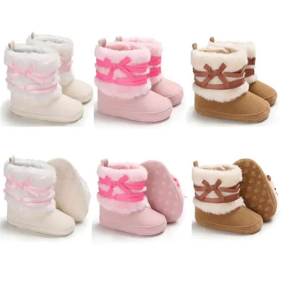 Зимние ботинки с бантом для новорожденных мальчиков и девочек; зимние теплые меховые Нескользящие ботинки для малышей; Первые ходунки