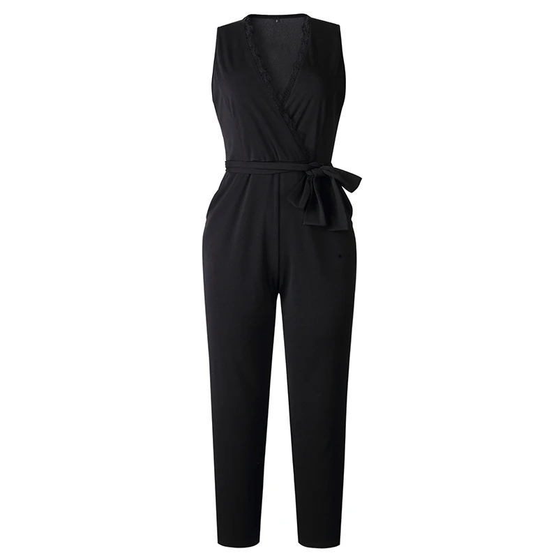 Fashion Lace Women Jumpsuit With Belt Sleeveless 2020 Summer New Casual V-neck Solid Women Black Jumpsuits Fashion Female Pants