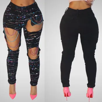 

Women Plus Size Sexy Jeans Colorful Paint Chains Ripped Jeans Woman Holes Denim Pants Beggar Jeans