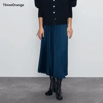 

ZA 2020 spring women solid navy pleated long skirt chic fashion casual highstreet female maxi skirt woman clothes