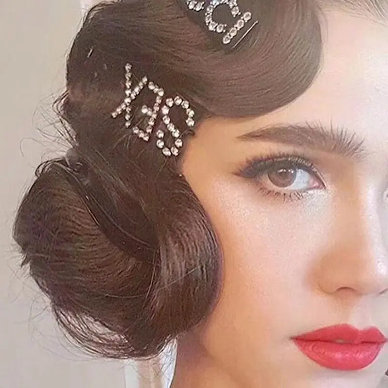 

3Pcs Metallic Silver Shimmer Rhinestone Ladies Hair Clip Funny Word Capital Letters One Word Hairpin Banquet Side Bangs Barrette