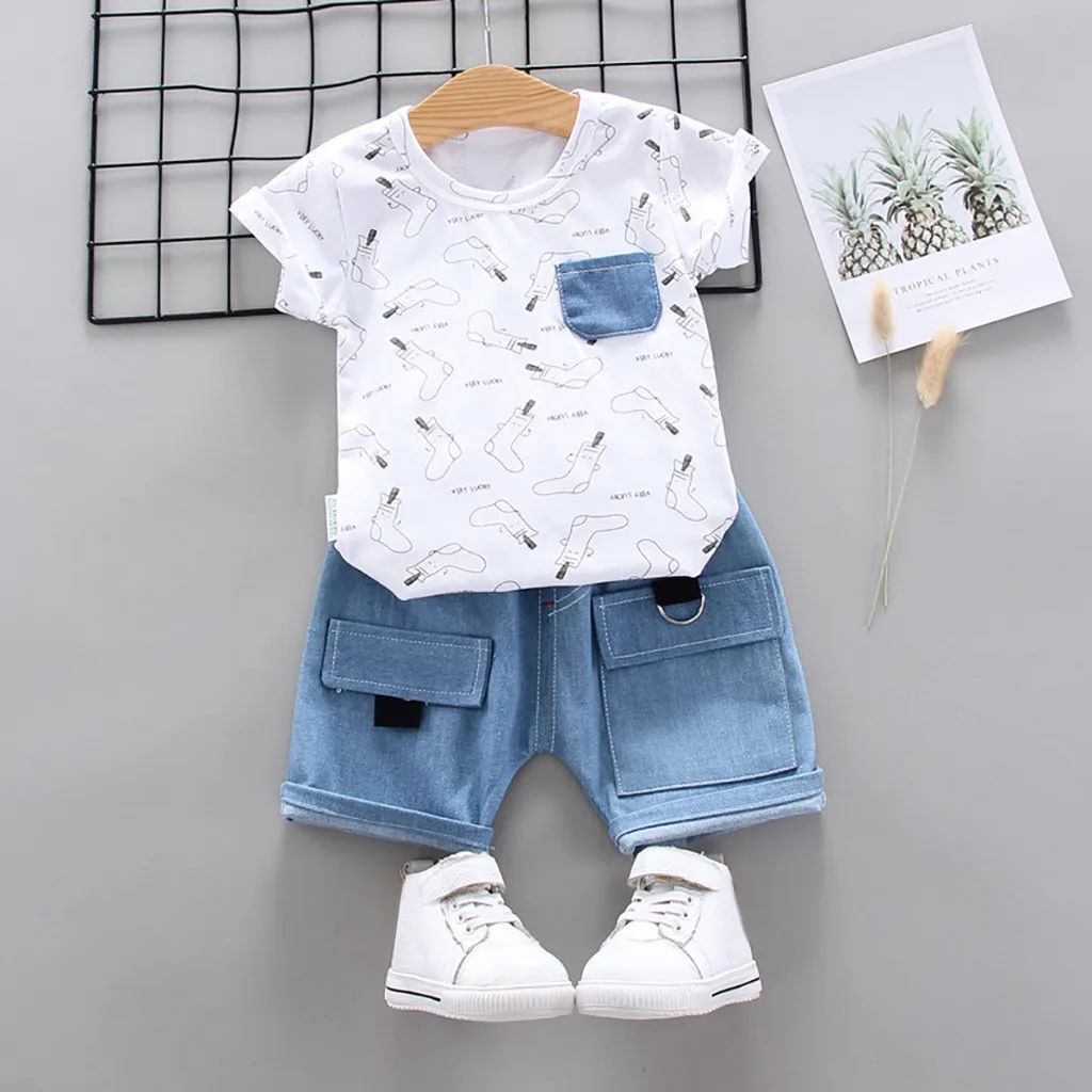 

Baby Boys Cartoon Clothes Set Kid Cartoon Print T-shirt Denim Shorts Baby Boys Tops+Short Pants Outfits Set   