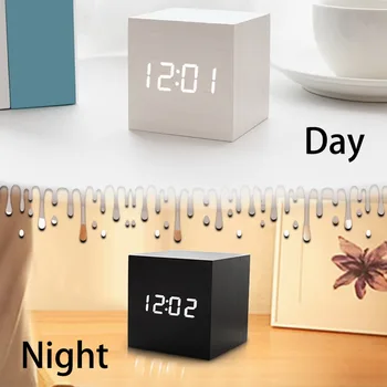 

1pc Multicolor Sound Control Wooden Wood Square LED Alarm Clock Desktop Bedside Table USB/AAA Date Calendar Display