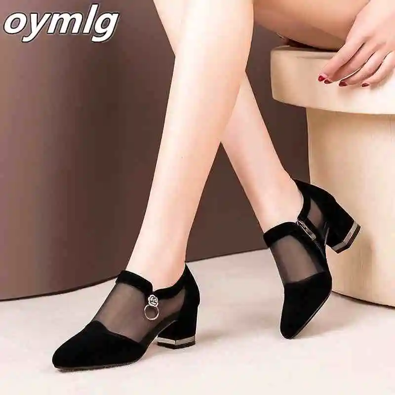 Verano Zapatos de tacón alto de mujer de zapatos de tacón transpirables de la punta tacón grueso de moda vestido de mujer Zapatos elegantes calzado
