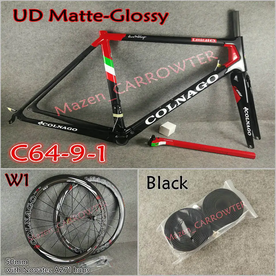 T1100 UD Team Emirates Colnago C64 карбоновая рама+ руль+ седло+ клетки для бутылок+ 50 мм карбоновый комплект колес Novatec A271 ступицы - Цвет: Package 1