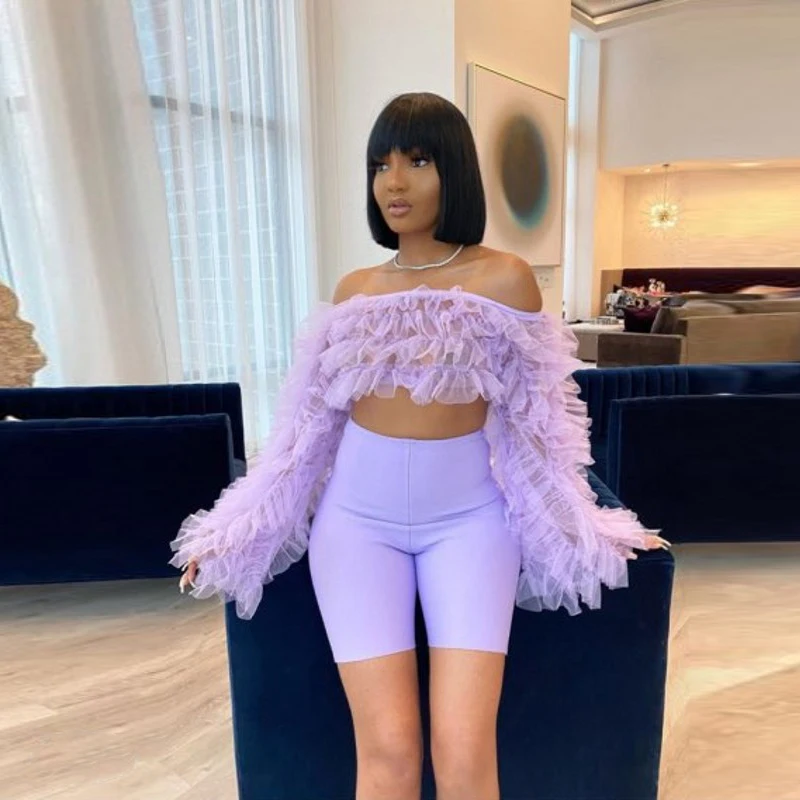 Lavender Off Shoulder Tulle Tiered Long Sleeve Tops Shirt Short Blouse Lilac Casual Blouse Fashion Women Top Custom Made36