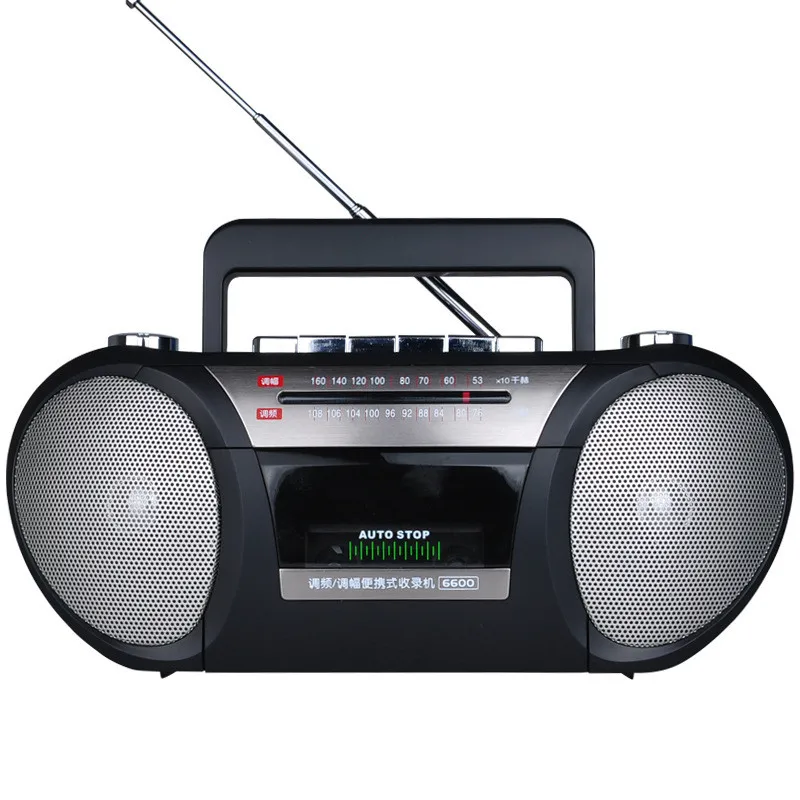 Portable tape cassette player FM AM two band radio play record double  speaker sound AC DC dual mode speakers recorder machine