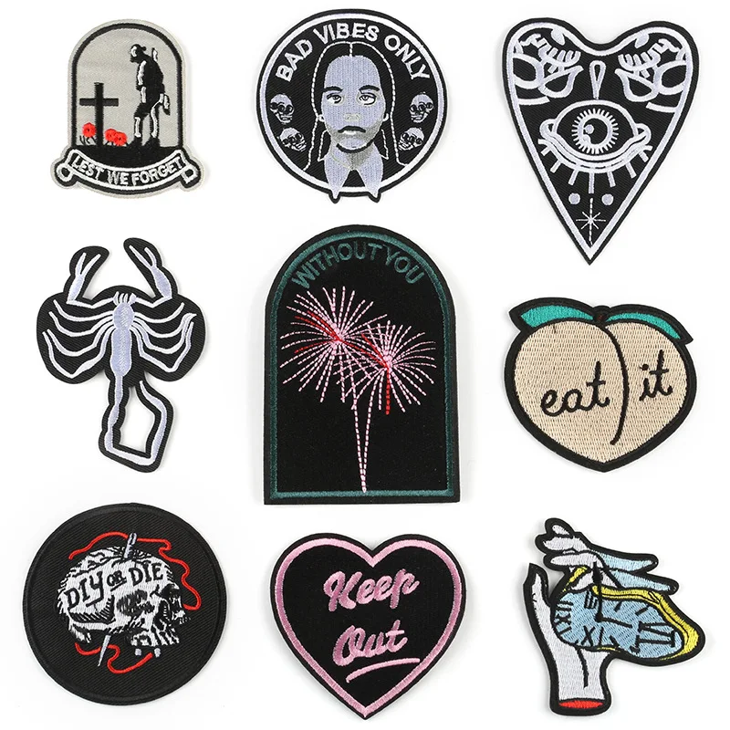 

10pcs/lot Embroidery Patches Letters Heart Black Strange Things Clothing Accessories Heat Transfer Badge Iron Clothes