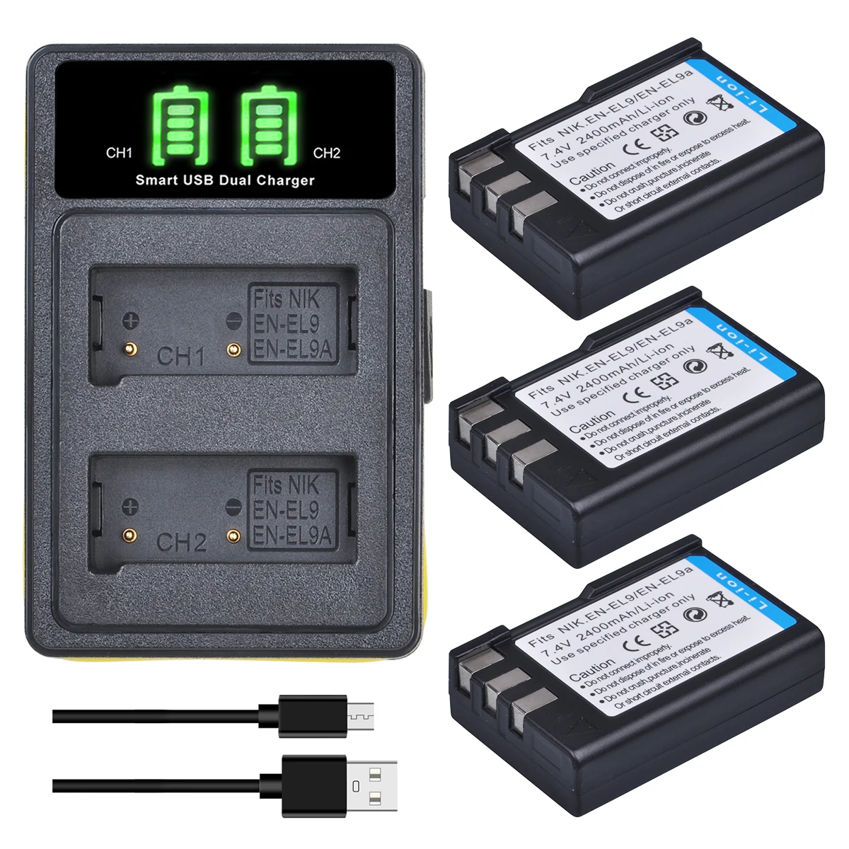 2400mAh EN-EL9 EN EL9A EN EL9 ENEL9 Batteries + LED Dual Type C Charger for Nikon D40 D40X D60 D3000 D5000 Digital Camera 