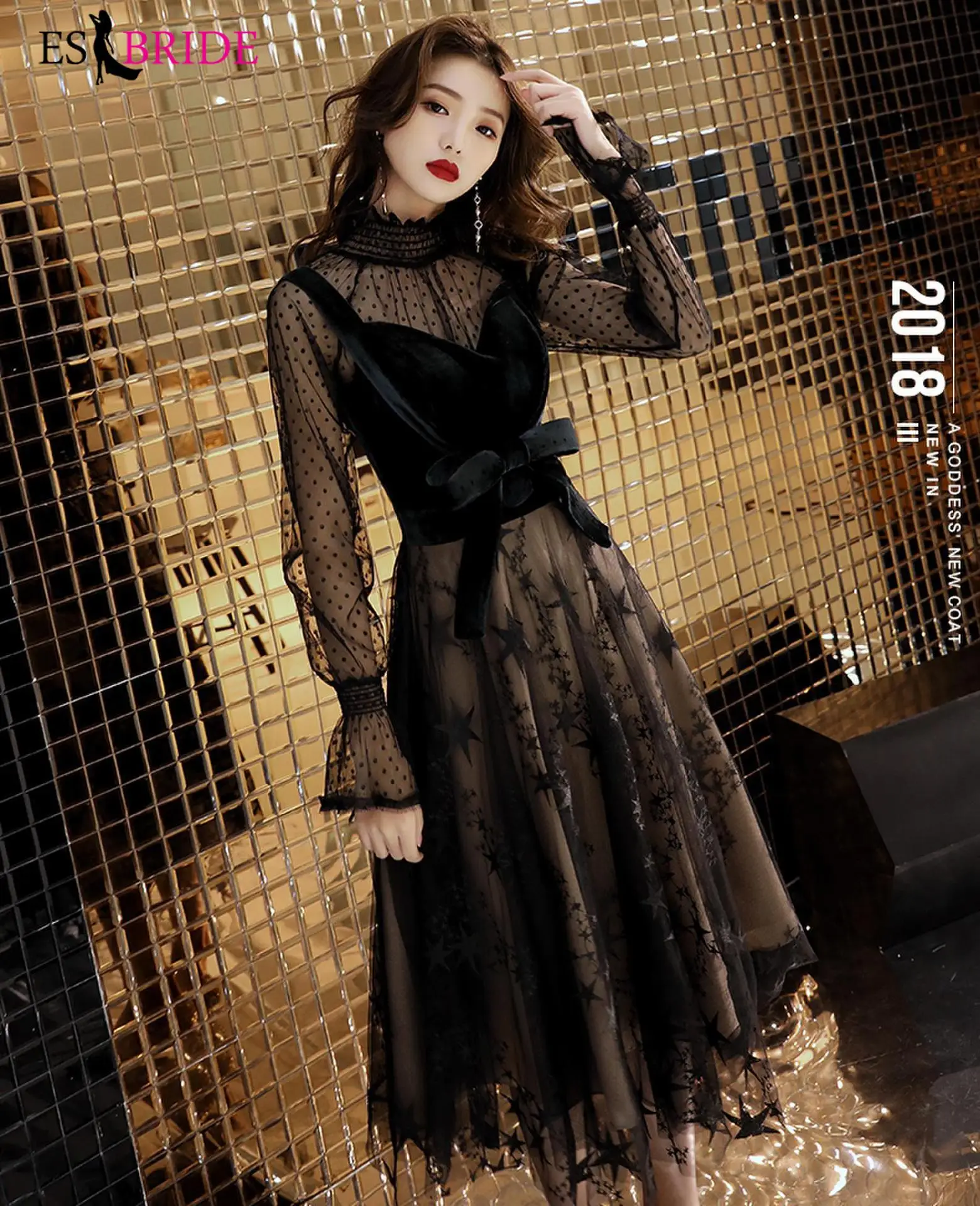 

Sexy Lace Prom Dresses ES30346 A-Line Ruffles Round Neck Long See Through Sleeves Formal Dresses for Party Vestidos De Fiesta