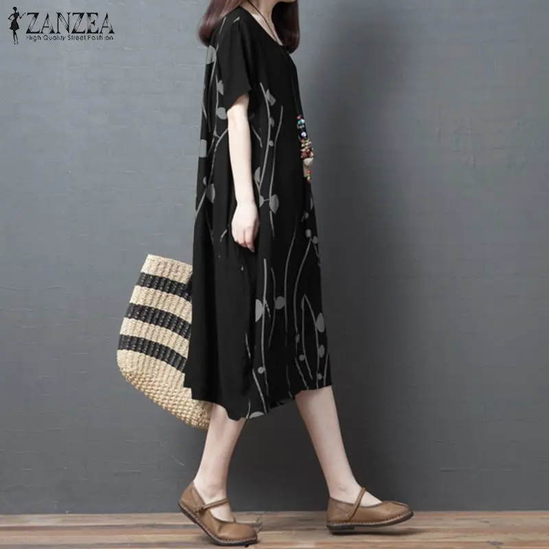 ZANZEA Robe винтажное платье до колена с принтом женский летний сарафан Повседневная Туника с круглым вырезом и коротким рукавом размера плюс Vestidos