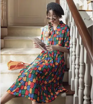 

Summer New Chiffon Geometric Printed Turn Down Collar Shirt Design High Waist A- Line Dress Fashion Suit Two-Piece Women Dresses