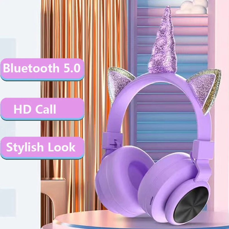 

Беспроводные наушники Bluetooth 5,0, наушники с единорогом, музыкальные стереонаушники, портативная складная гарнитура с микрофоном, подарок для детей
