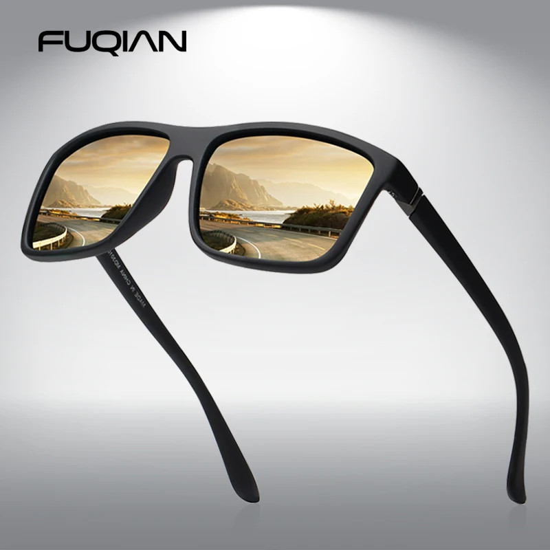 FUQIAN de soleil polarisées carrées classiques pour hommes, Vintage, en plastique