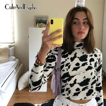 

Milk Cow Printed Harajuku y2k Tops for Women Long Sleeves Bodycon Tees Shirts Crew Neck Korean Style Tops Fahion Cuteandpsycho