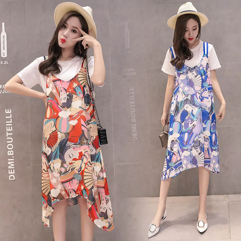 

2019 Spring And Summer Pregnant Women Printed Chiffon Strapped Dress And Nursing T-shirt Suit